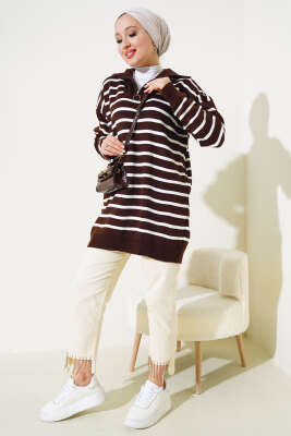 Çizgili Yakası Yarım Fermuarlı Triko Tunik Kahve - Triko Tunik