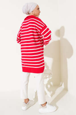 Çizgili Yakası Yarım Fermuarlı Triko Tunik Kırmızı - Triko Tunik