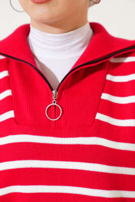 Çizgili Yakası Yarım Fermuarlı Triko Tunik Kırmızı - Triko Tunik