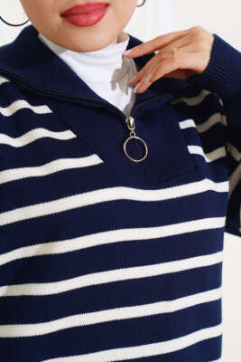 Çizgili Yakası Yarım Fermuarlı Triko Tunik Lacivert - Triko Tunik