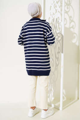 Çizgili Yakası Yarım Fermuarlı Triko Tunik Lacivert - Triko Tunik