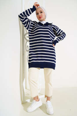 Çizgili Yakası Yarım Fermuarlı Triko Tunik Lacivert - Triko Tunik