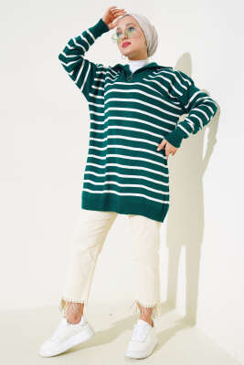 Çizgili Yakası Yarım Fermuarlı Triko Tunik Nefti - Triko Tunik