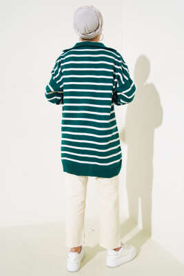 Çizgili Yakası Yarım Fermuarlı Triko Tunik Nefti - Triko Tunik