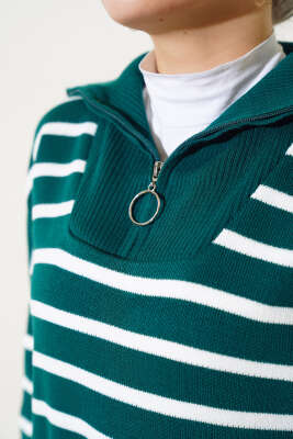 Çizgili Yakası Yarım Fermuarlı Triko Tunik Nefti - Triko Tunik