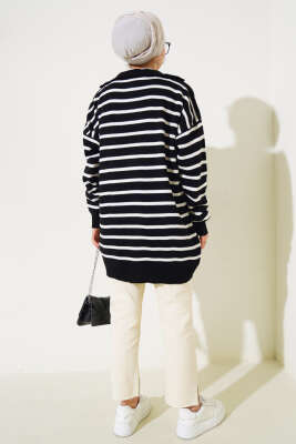 Çizgili Yakası Yarım Fermuarlı Triko Tunik Siyah - Triko Tunik