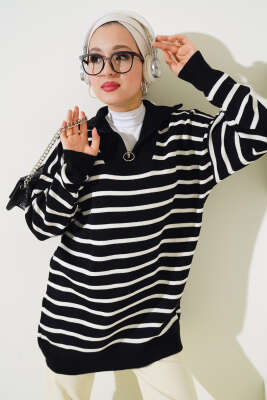 Çizgili Yakası Yarım Fermuarlı Triko Tunik Siyah - NOVALÜX