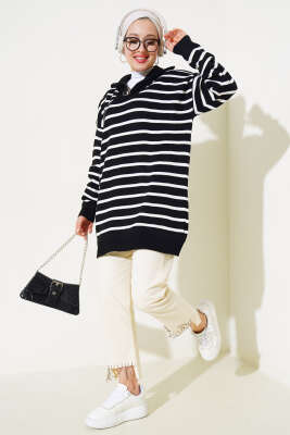 Çizgili Yakası Yarım Fermuarlı Triko Tunik Siyah - Triko Tunik