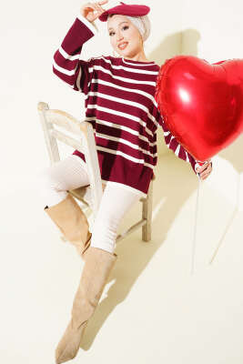 Çizgili Yan Yırtmaçlı Triko Kazak Bordo - ARISOY