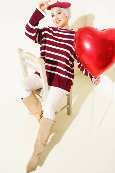 Çizgili Yan Yırtmaçlı Triko Kazak Bordo - Triko Kazak