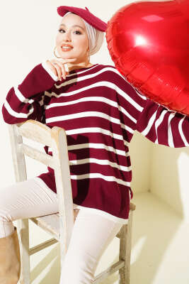 Çizgili Yan Yırtmaçlı Triko Kazak Bordo - Triko Kazak