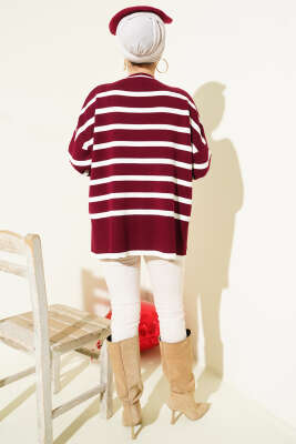 Çizgili Yan Yırtmaçlı Triko Kazak Bordo - Triko Kazak