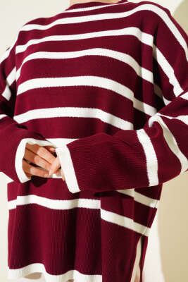 Çizgili Yan Yırtmaçlı Triko Kazak Bordo - Triko Kazak