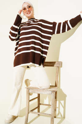 Çizgili Yan Yırtmaçlı Triko Kazak Kahve - Triko Kazak