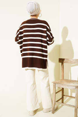 Çizgili Yan Yırtmaçlı Triko Kazak Kahve - Triko Kazak