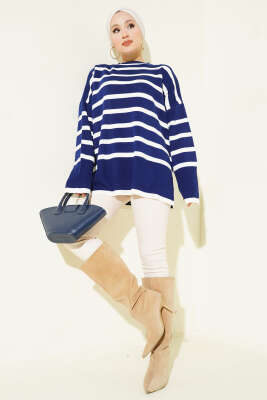 Çizgili Yan Yırtmaçlı Triko Kazak Lacivert - ARISOY
