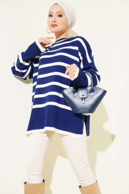 Çizgili Yan Yırtmaçlı Triko Kazak Lacivert - Triko Kazak
