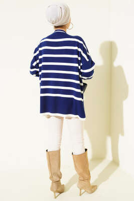 Çizgili Yan Yırtmaçlı Triko Kazak Lacivert - Triko Kazak