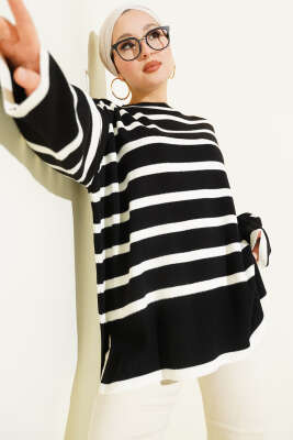 Çizgili Yan Yırtmaçlı Triko Kazak Siyah - ARISOY