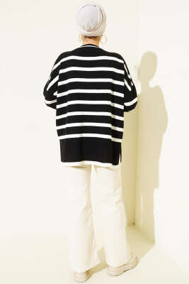 Çizgili Yan Yırtmaçlı Triko Kazak Siyah - Triko Kazak