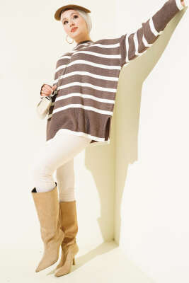 Çizgili Yan Yırtmaçlı Triko Kazak Vizon - ARISOY