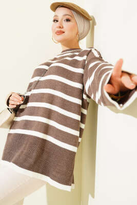 Çizgili Yan Yırtmaçlı Triko Kazak Vizon - Triko Kazak