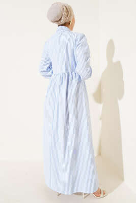 Çizgili Yandan Bağlamalı Elbise Buz Mavisi - Tesettür Elbise