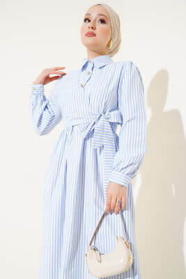 Çizgili Yandan Bağlamalı Elbise Buz Mavisi - Tesettür Elbise