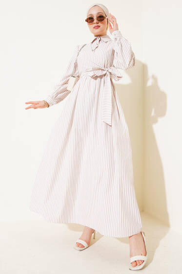 Çizgili Yandan Bağlamalı Elbise Latte - Elbise
