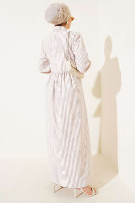 Çizgili Yandan Bağlamalı Elbise Latte - Tesettür Elbise