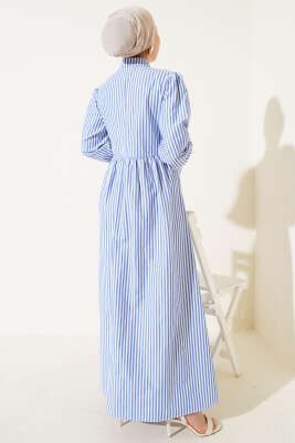 Çizgili Yandan Bağlamalı Elbise Mavi - Tesettür Elbise