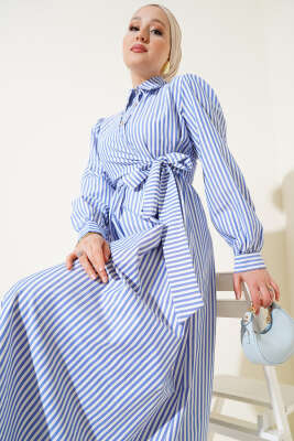 Çizgili Yandan Bağlamalı Elbise Mavi - Tesettür Elbise