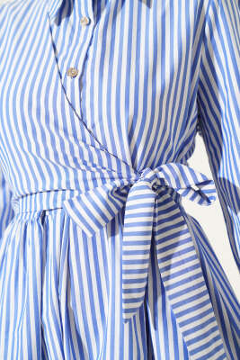 Çizgili Yandan Bağlamalı Elbise Mavi - Tesettür Elbise