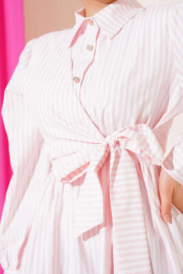 Çizgili Yandan Bağlamalı Elbise Pembe - Tesettür Elbise