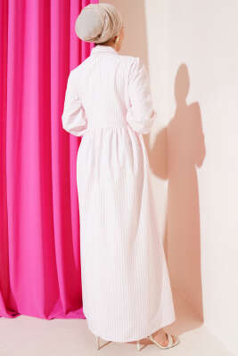 Çizgili Yandan Bağlamalı Elbise Pembe - Tesettür Elbise