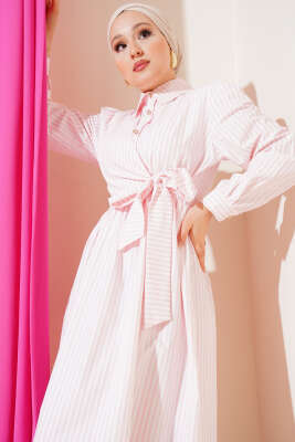 Çizgili Yandan Bağlamalı Elbise Pembe - Tesettür Elbise