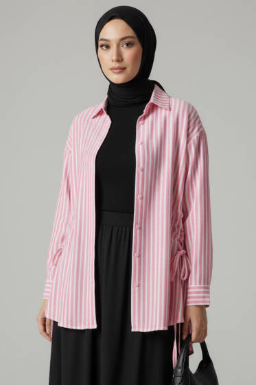 Çizgili Yandan Bağlamalı Gömlek Pembe - 300-500 TL Ürünler
