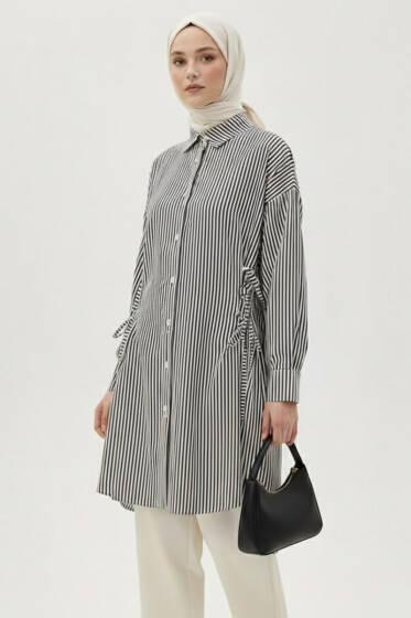 Çizgili Yandan Bağlamalı Gömlek Siyah - Tunik