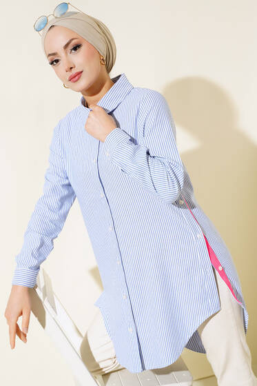 Çizgili Yanı Renkli Tunik Fuşya - Tunik