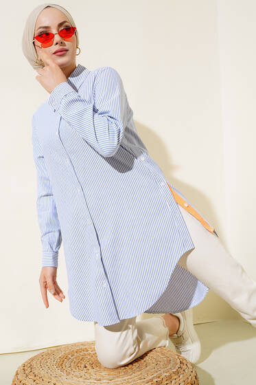 Çizgili Yanı Renkli Tunik Oranj - Tunik