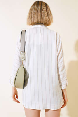 Çizgili Yarasa Kol Gömlek Latte - Kadın Giyim Modelleri