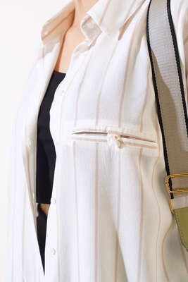 Çizgili Yarasa Kol Gömlek Latte - Kadın Giyim Modelleri