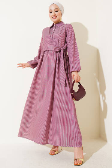Çizgili Yarım Düğmeli Bağlamalı Elbise Bordo - Elbise
