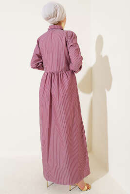 Çizgili Yarım Düğmeli Bağlamalı Elbise Bordo - Tesettür Elbise