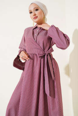 Çizgili Yarım Düğmeli Bağlamalı Elbise Bordo - Tesettür Elbise