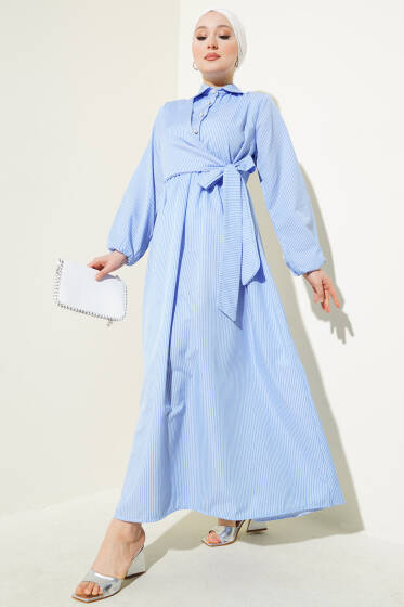 Çizgili Yarım Düğmeli Bağlamalı Elbise Mavi - Elbise