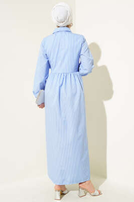 Çizgili Yarım Düğmeli Bağlamalı Elbise Mavi - Tesettür Elbise