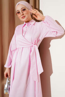 Çizgili Yarım Düğmeli Bağlamalı Elbise Pembe - 500-700 TL Ürünler