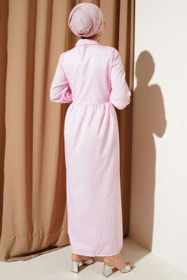 Çizgili Yarım Düğmeli Bağlamalı Elbise Pembe - 500-700 TL Ürünler