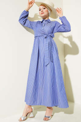 Çizgili Yarım Düğmeli Bağlamalı Elbise Saks 